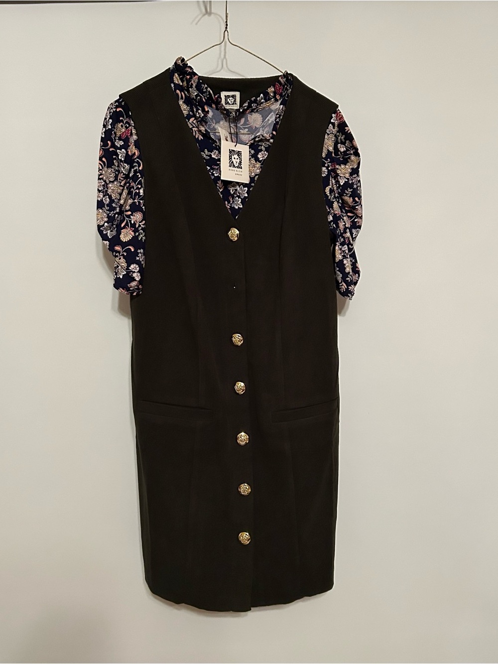 Anne Klein Black Midi Vest Dress with Navy Floral Underlay